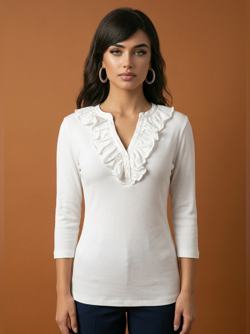 Lauren Ralph Lauren White Ruffle V Neck  3/4 Sleeve Ribbed  Cotton T Shirt 1X